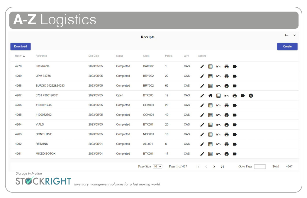 Screen sample of the StockRight application showing a list of receipts